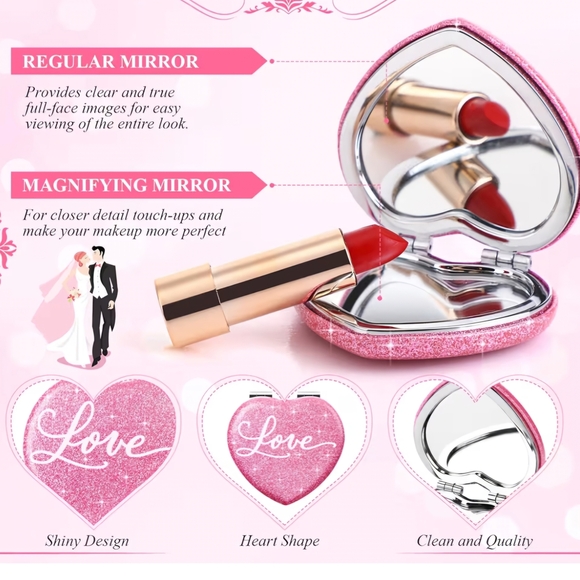 Pink Heart-Shaped Compact Mirror - Picture 4 of 11